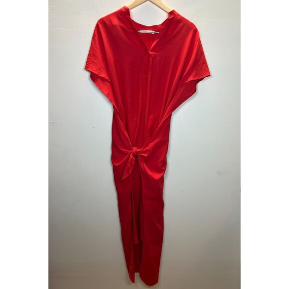 Vince Women's Size XS Red Midi Wrap Dress Short Sleeve V-Neck Poplin EUC - Picture 2 of 9